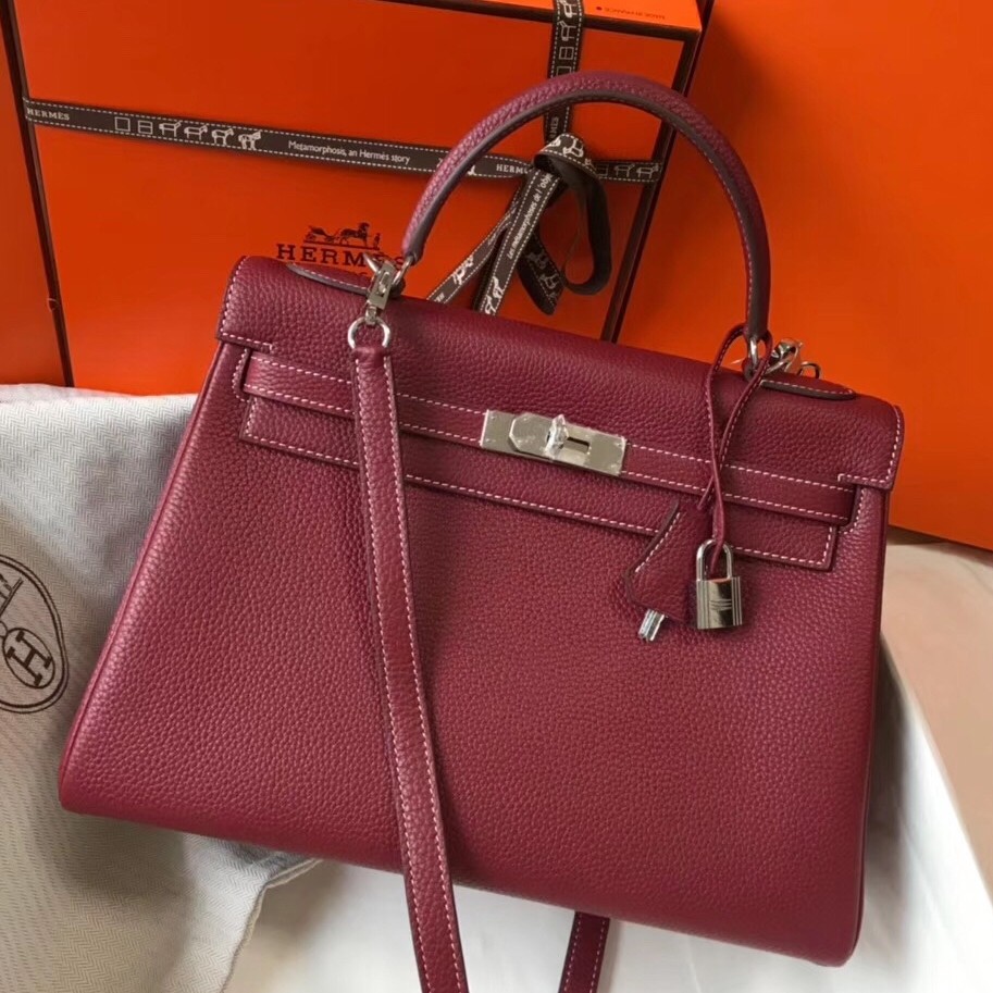 H**mes kelly 32cm retourne bag in bordeaux clemence leather