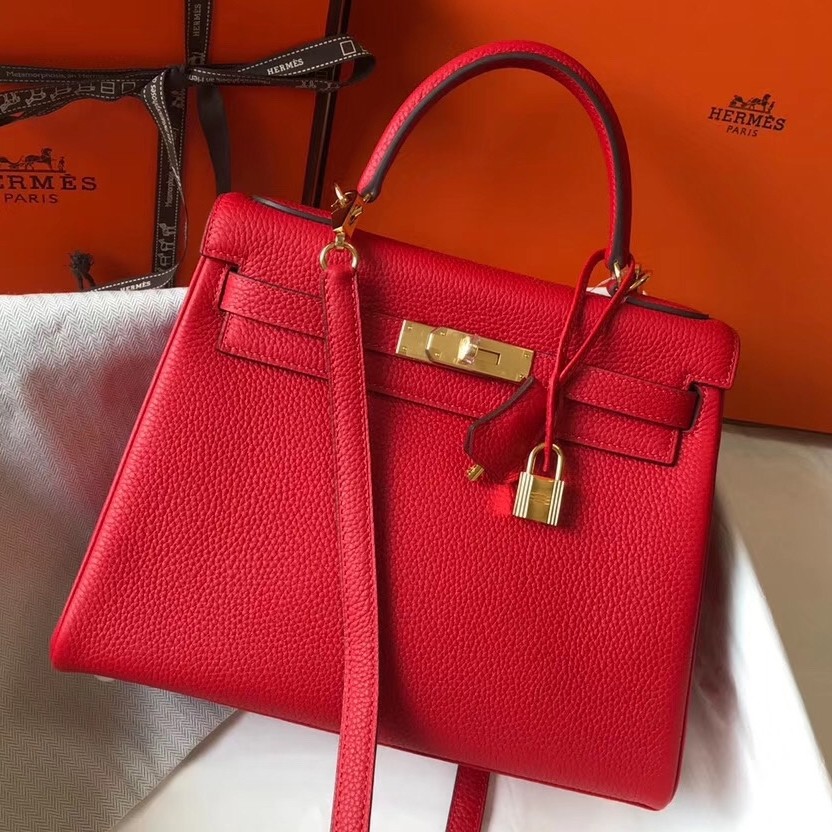 H**mes kelly 32cm retourne bag in red clemence leather