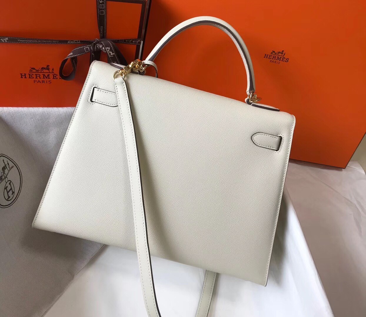 H**mes kelly 32cm sellier bag in white epsom leather