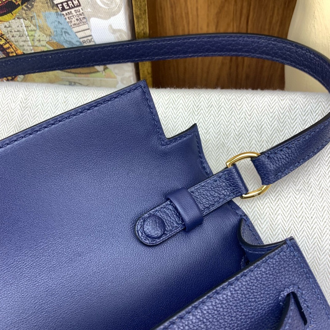 H**mes kelly elan handmade bag in blue saphir chevre mysore leather