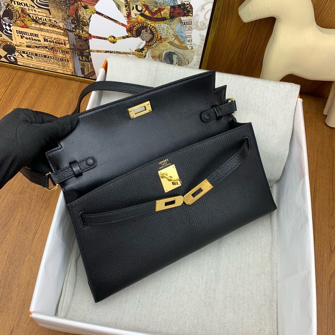 H**mes kelly elan handmade bag in black chevre mysore leather