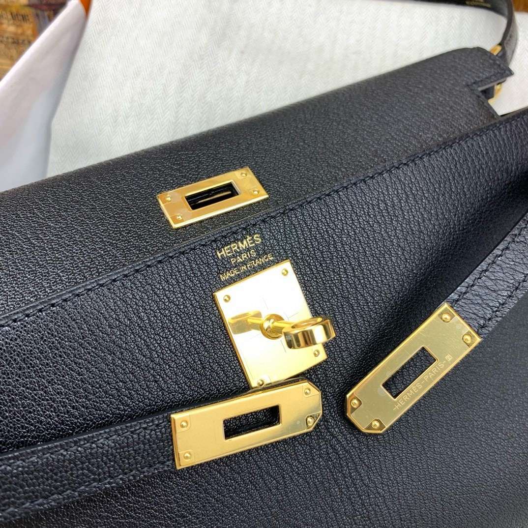 H**mes kelly elan handmade bag in black chevre mysore leather