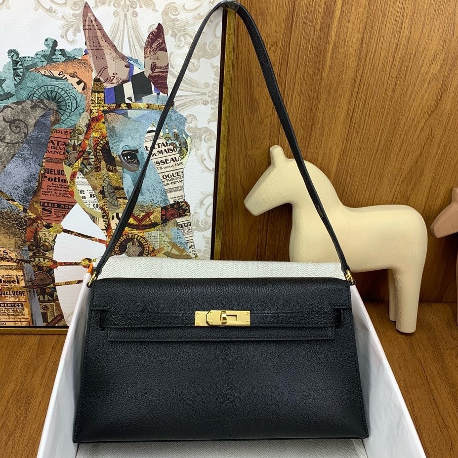 H**mes kelly elan handmade bag in black chevre mysore leather