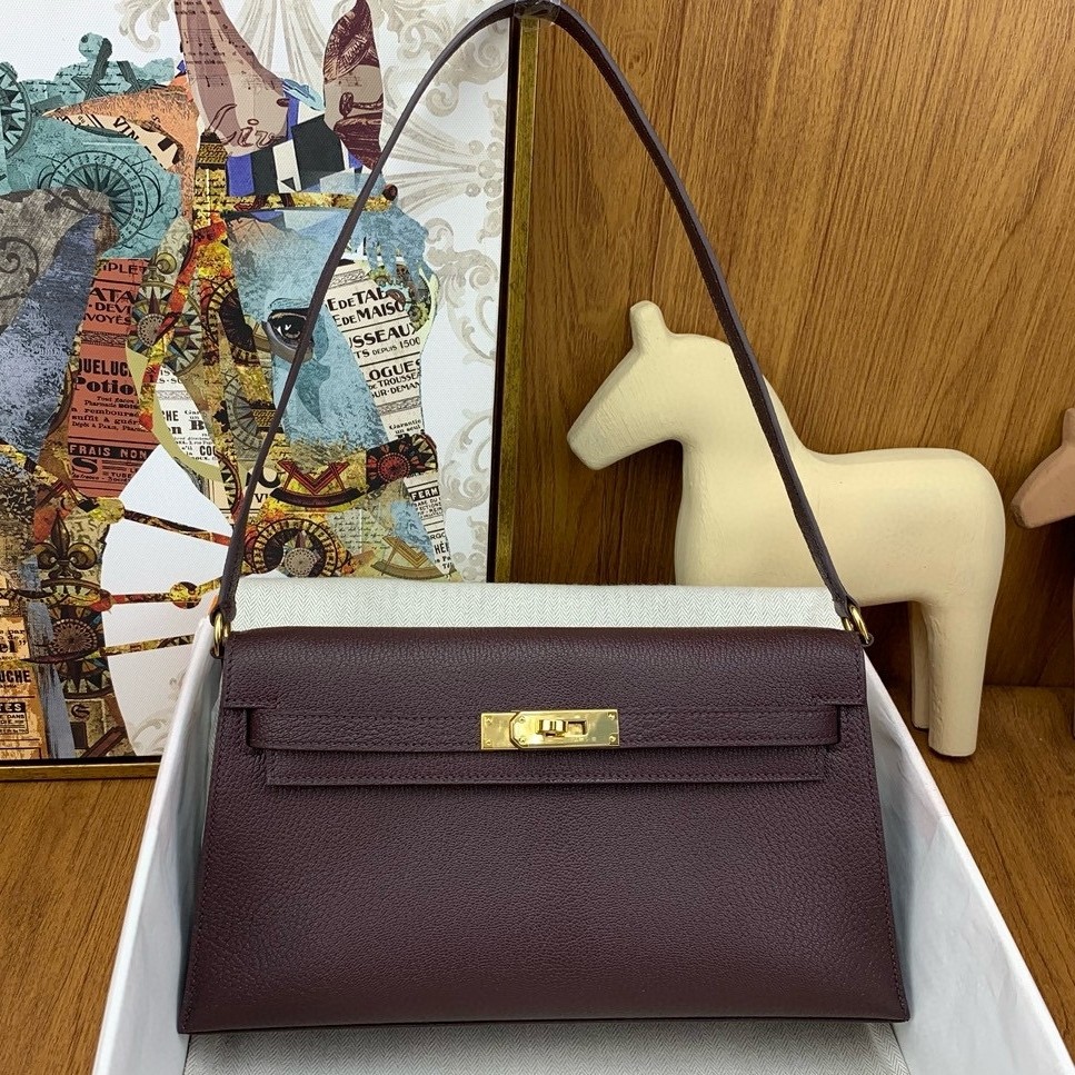 H**mes kelly elan handmade bag in rouge sellier chevre mysore leather