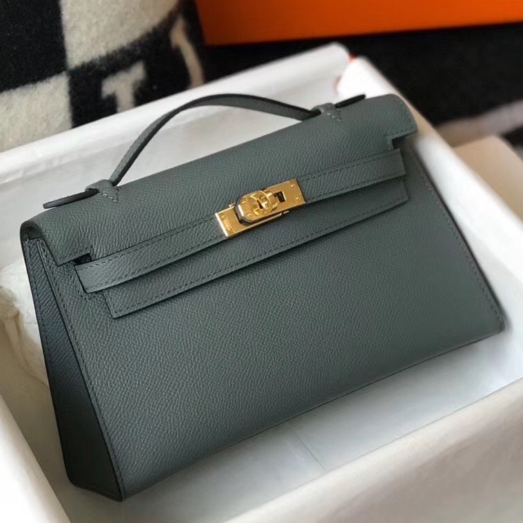 H**mes kelly pochette bag in vert amande epsom leather