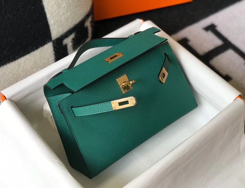 H**mes kelly pochette bag in vert veronese epsom leather