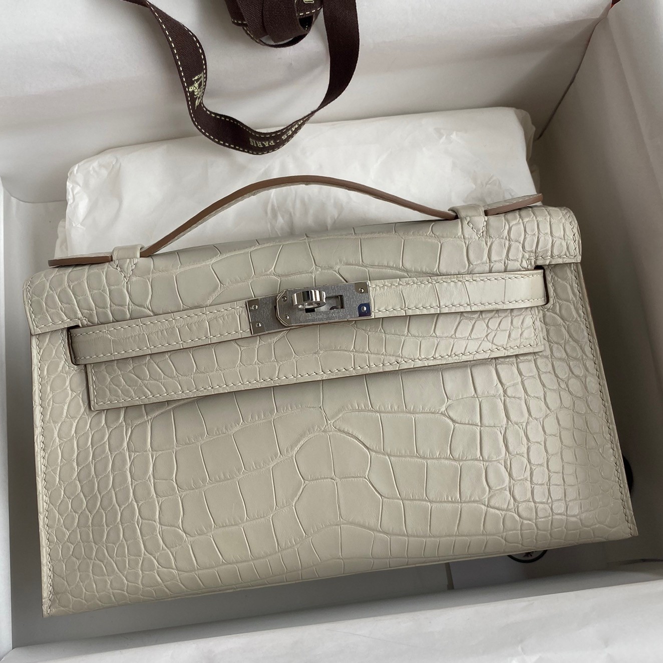 H**mes kelly pochette handmade bag in beton matte alligator leather