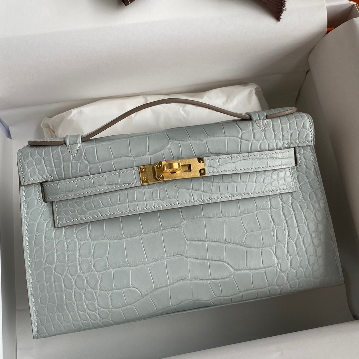 H**mes kelly pochette handmade bag in pearl grey matte alligator leather