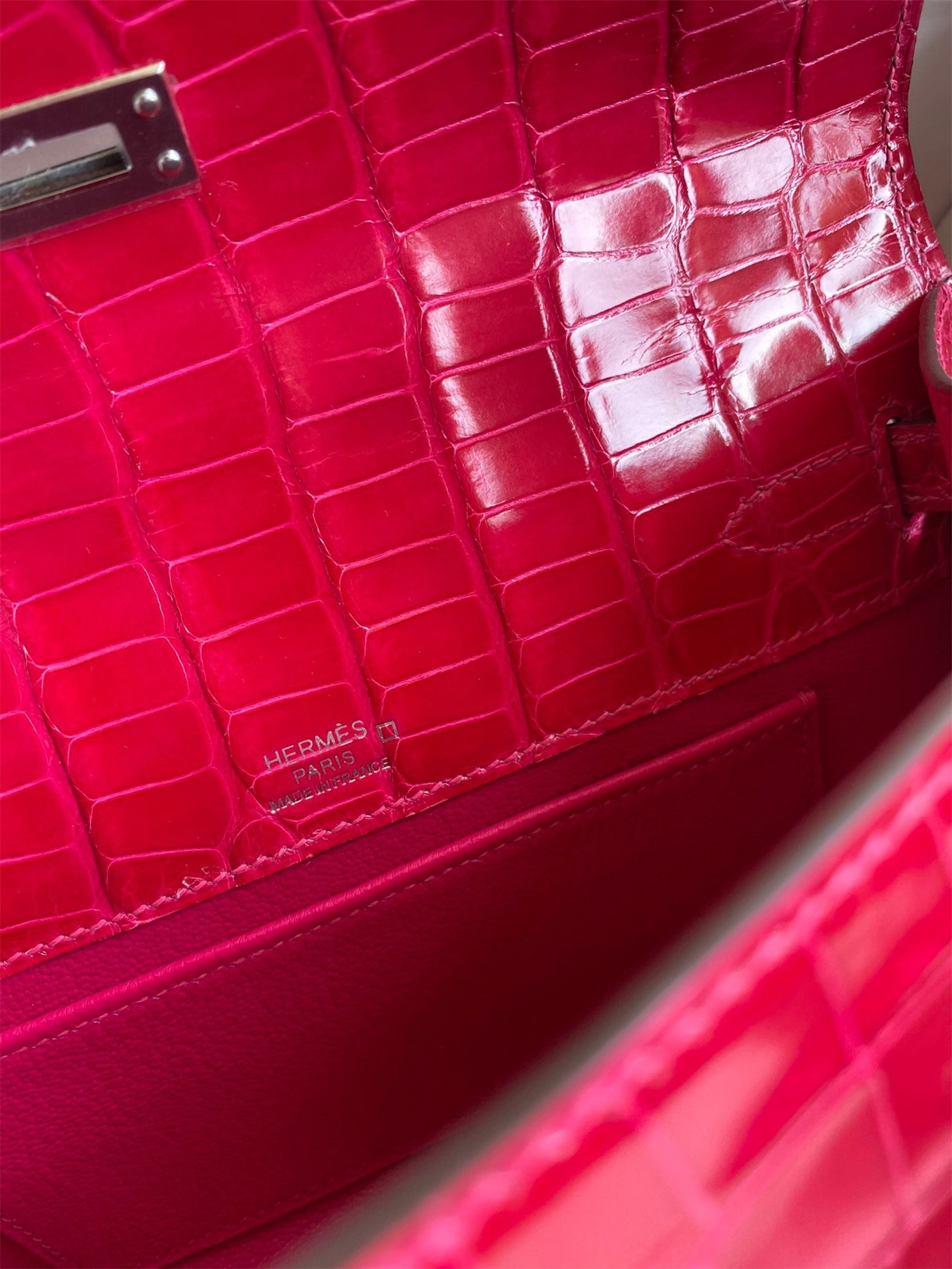 H**mes kelly pochette handmade bag in rose extreme shiny alligator leather