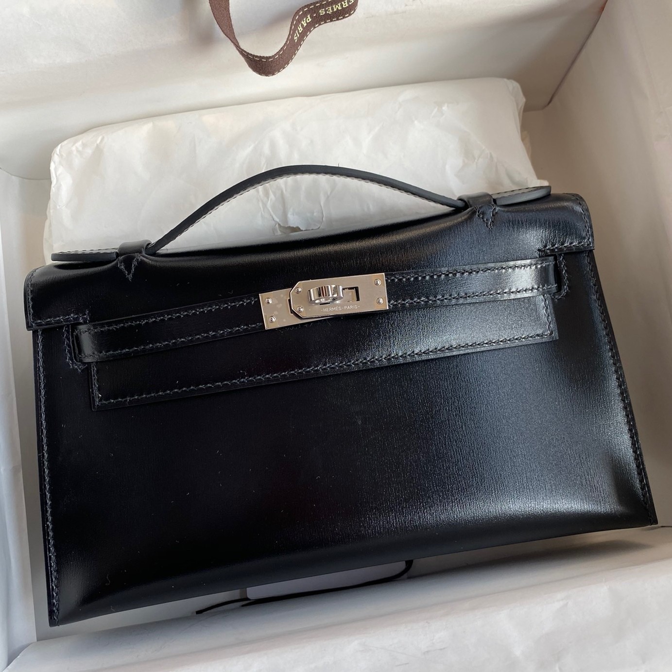 H**mes kelly pochette handmade bag in black box calfskin