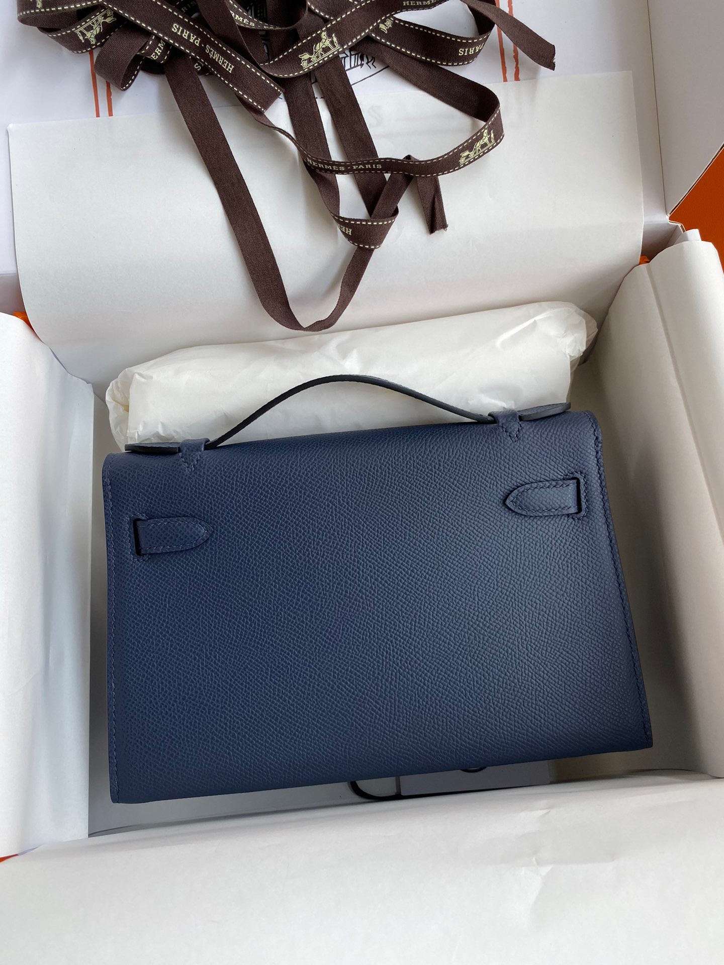 H**mes kelly pochette handmade bag in blue saphir epsom calfskin