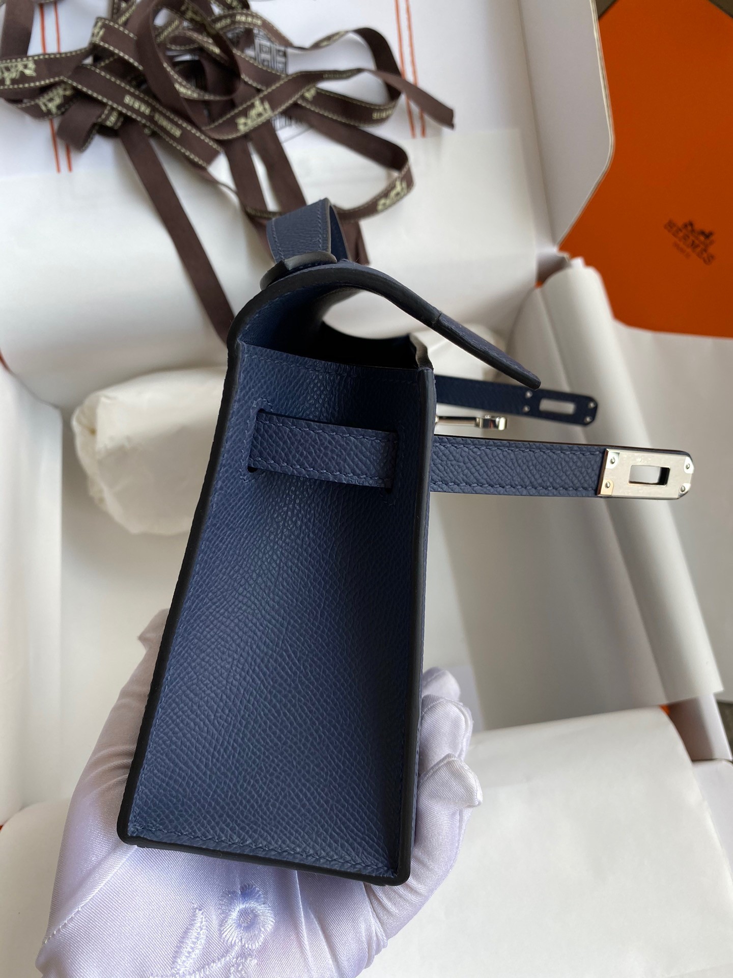 H**mes kelly pochette handmade bag in blue saphir epsom calfskin