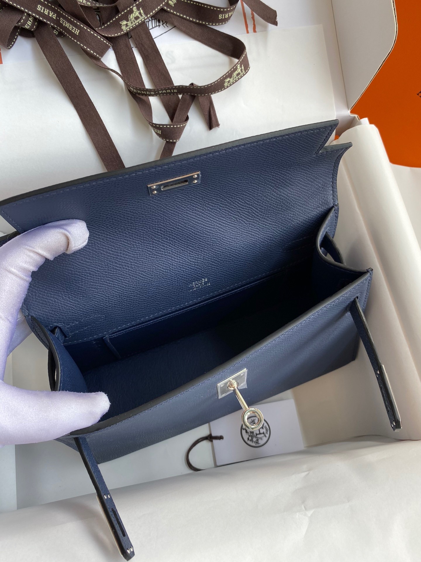 H**mes kelly pochette handmade bag in blue saphir epsom calfskin