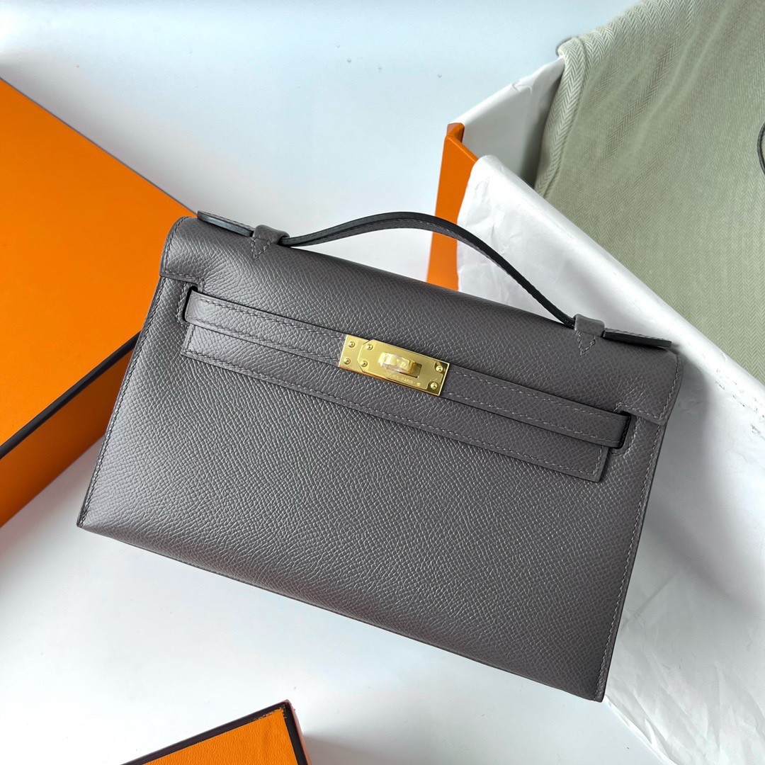 H**mes kelly pochette handmade bag in etain epsom calfskin