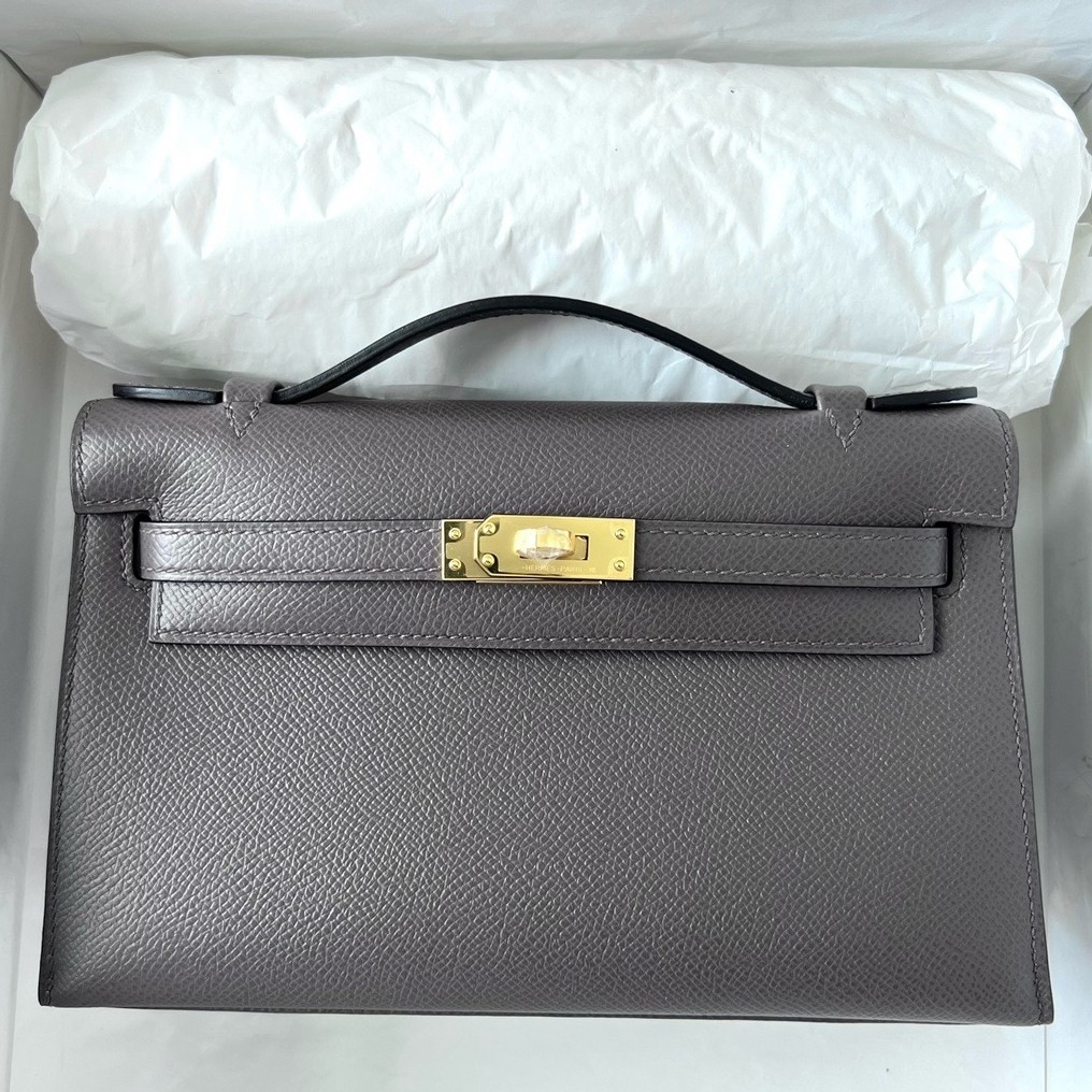 H**mes kelly pochette handmade bag in etain epsom calfskin