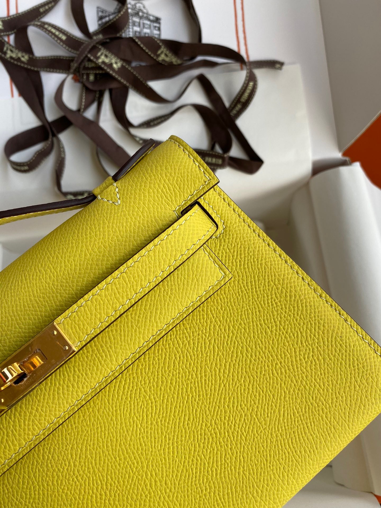 H**mes kelly pochette handmade bag in lime epsom calfskin