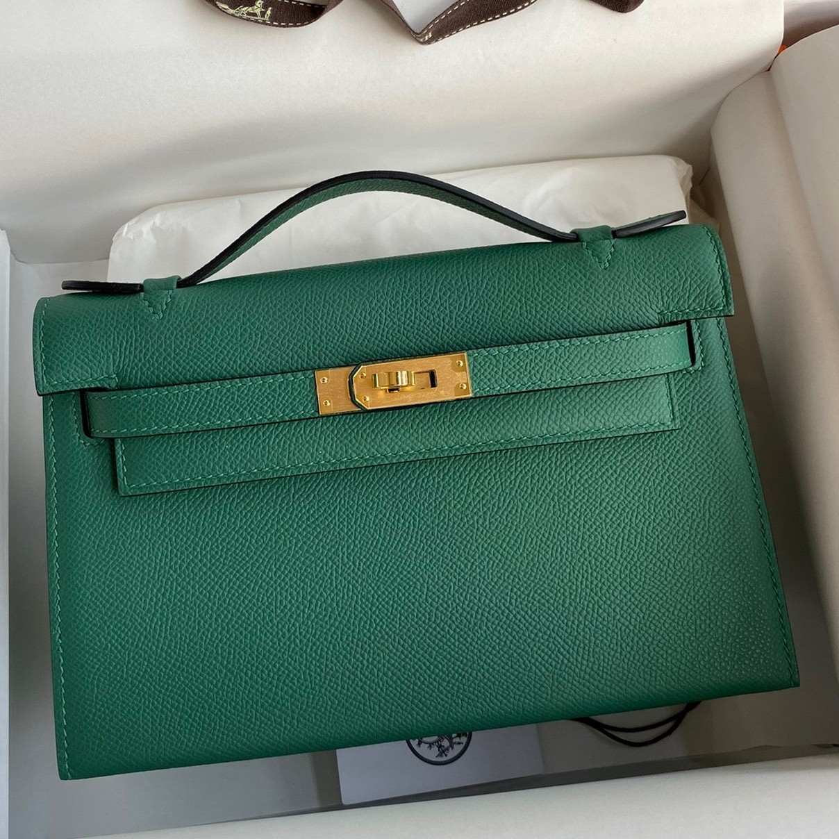H**mes kelly pochette handmade bag in malachite epsom calfskin