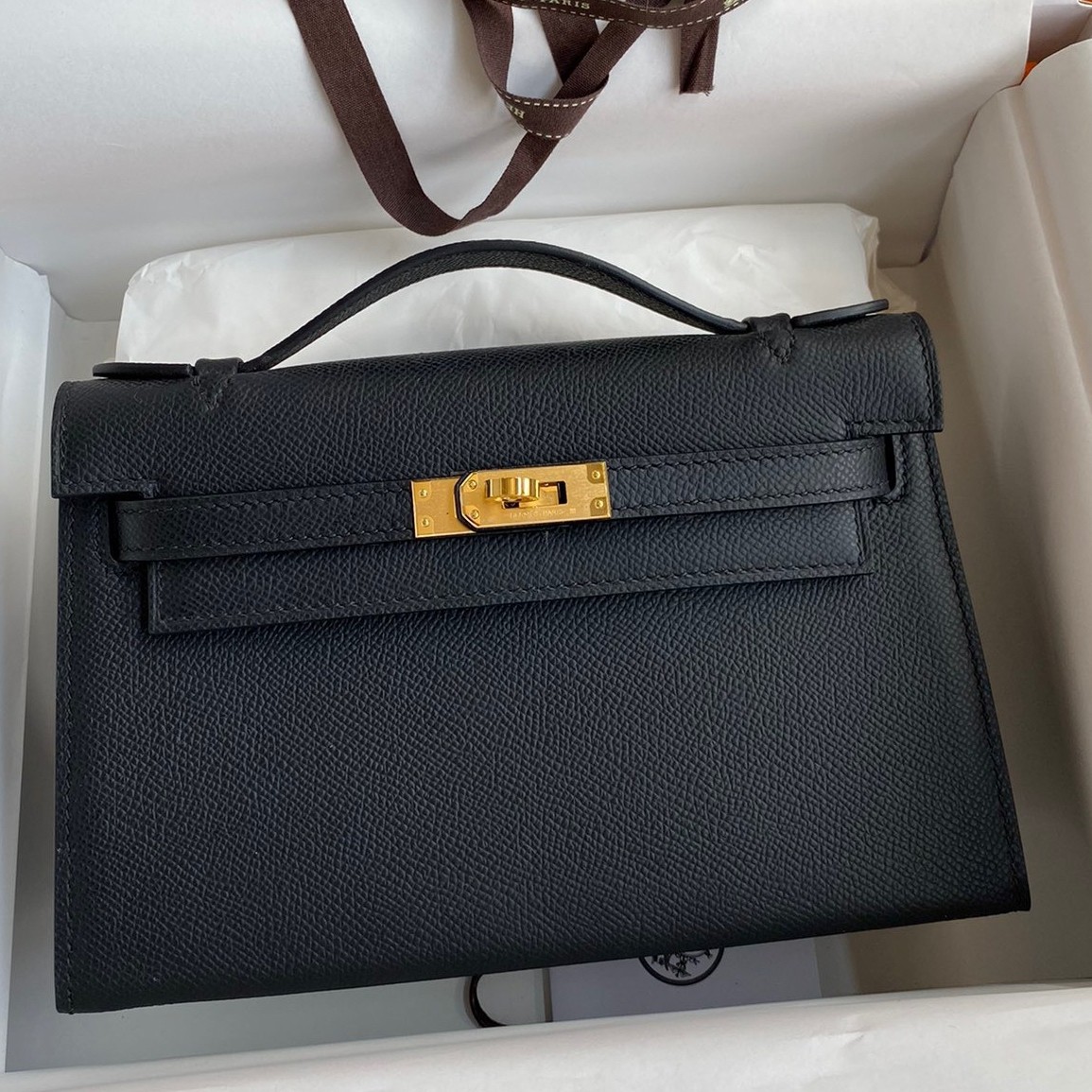 H**mes kelly pochette handmade bag in black epsom calfskin