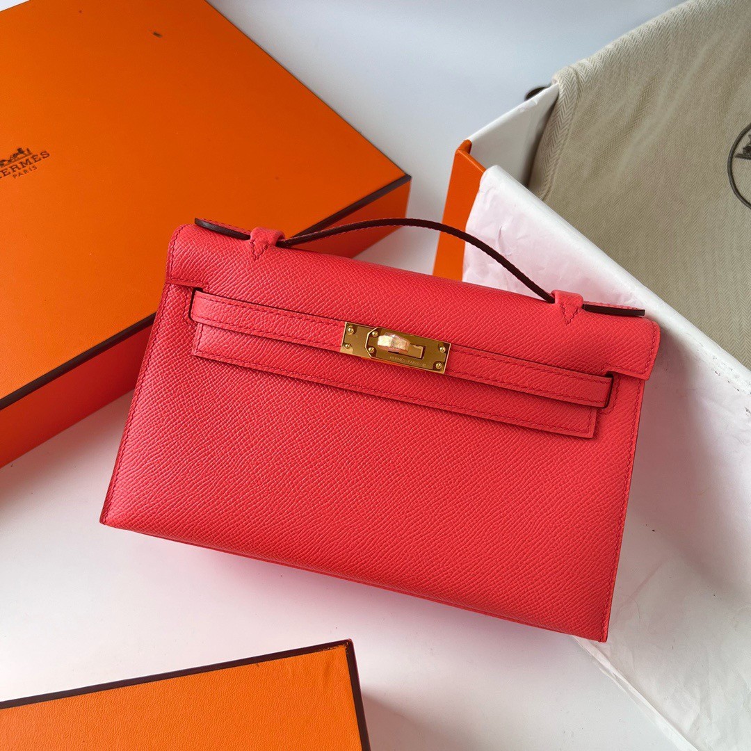 H**mes kelly pochette handmade bag in rose texas epsom calfskin