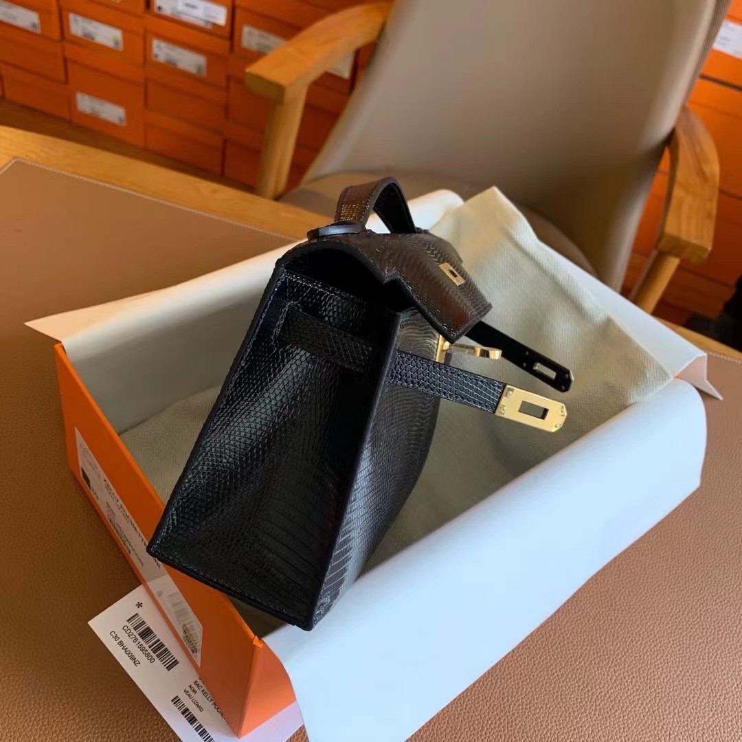 H**mes kelly pochette handmade bag in black lizard skin