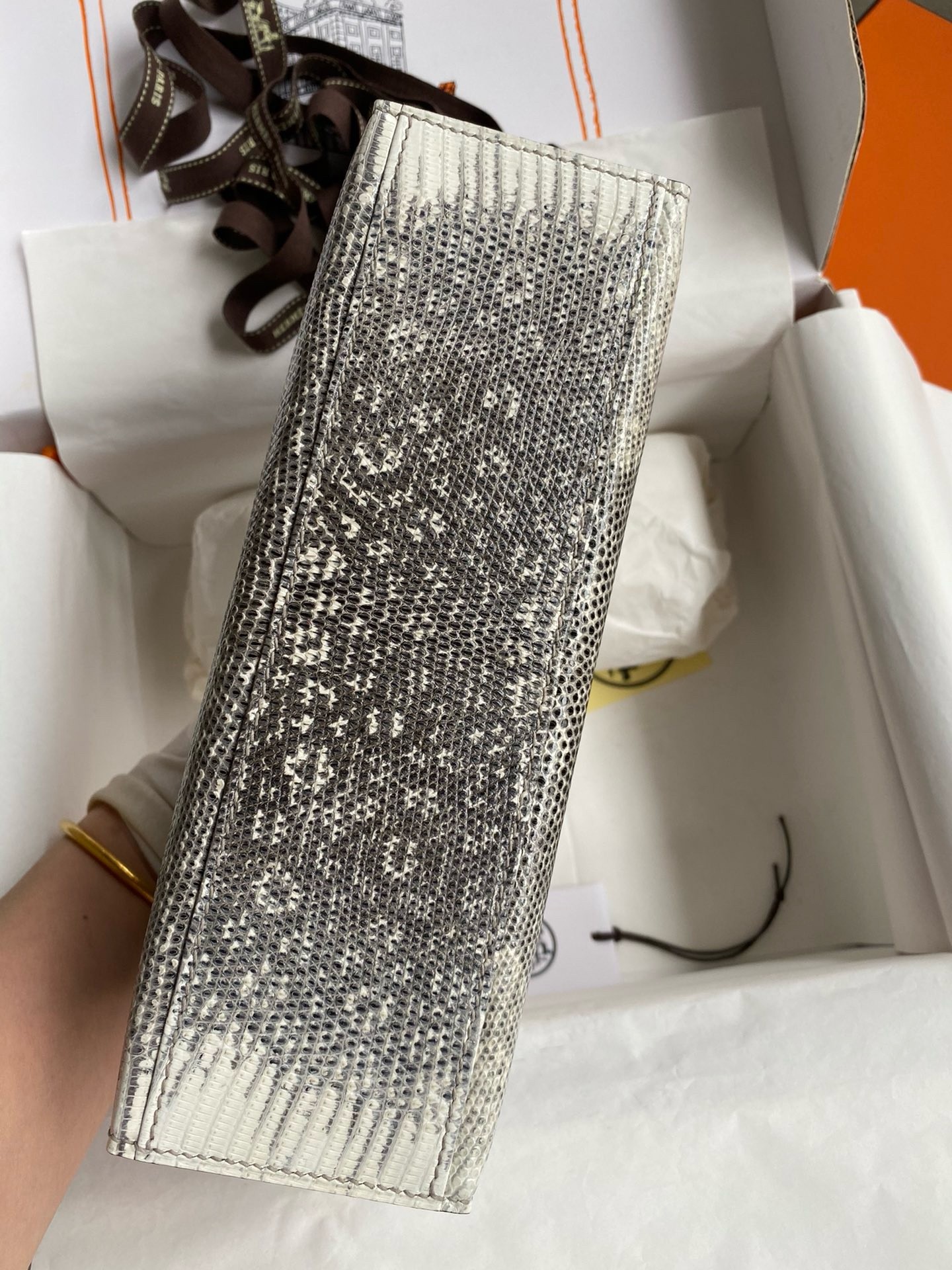 H**mes kelly pochette handmade bag in natural lizard skin