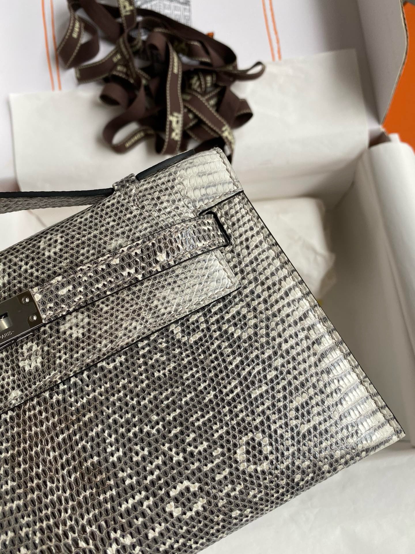 H**mes kelly pochette handmade bag in natural lizard skin