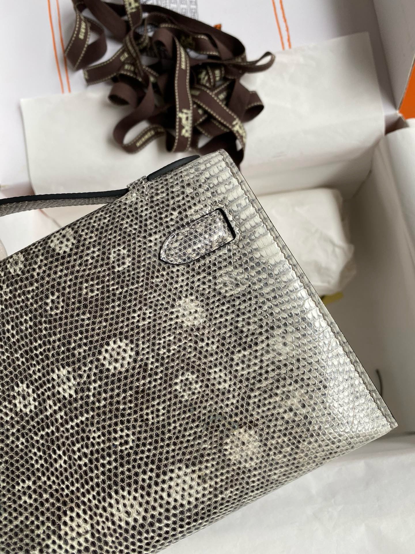 H**mes kelly pochette handmade bag in natural lizard skin