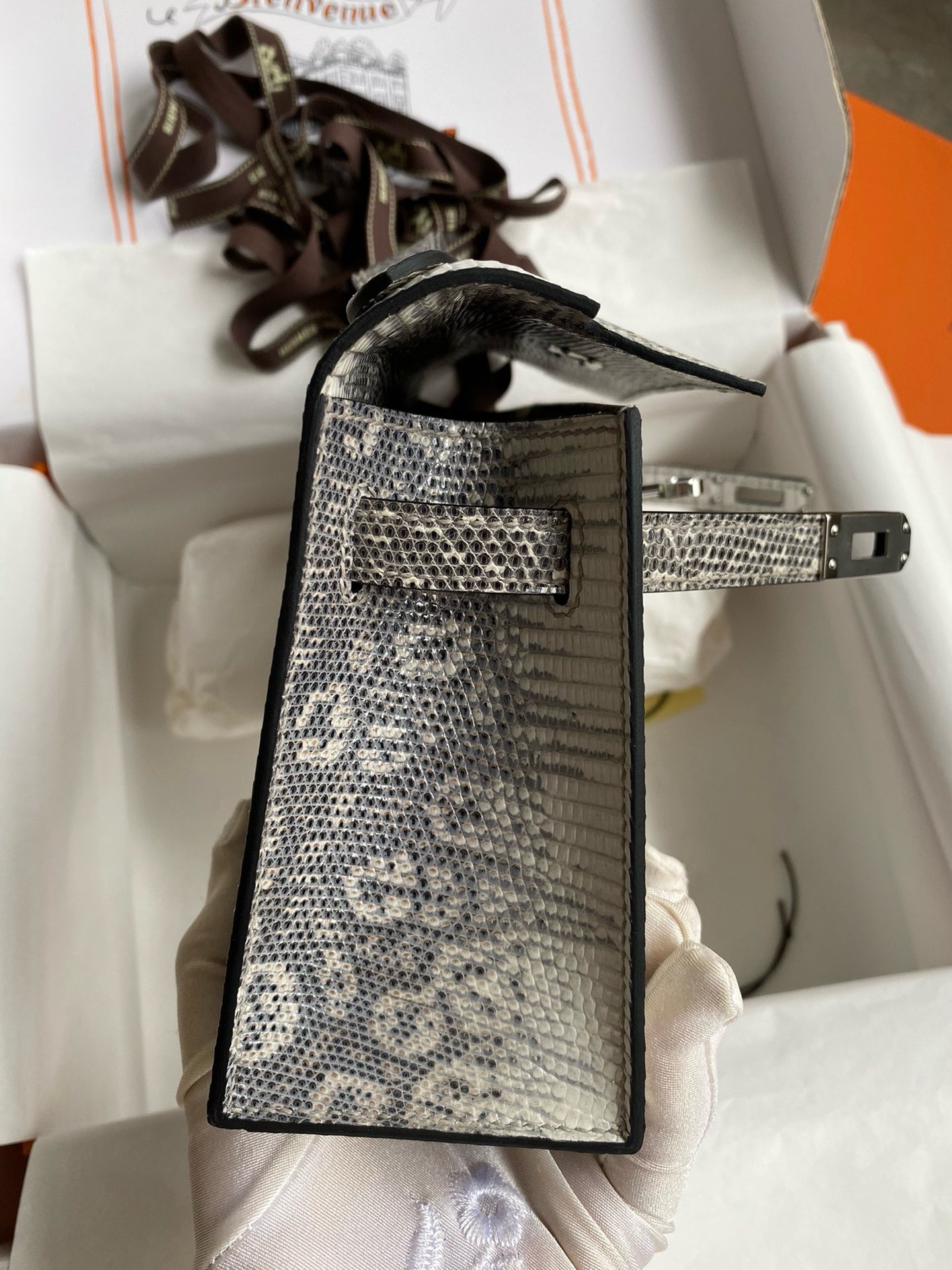 H**mes kelly pochette handmade bag in natural lizard skin