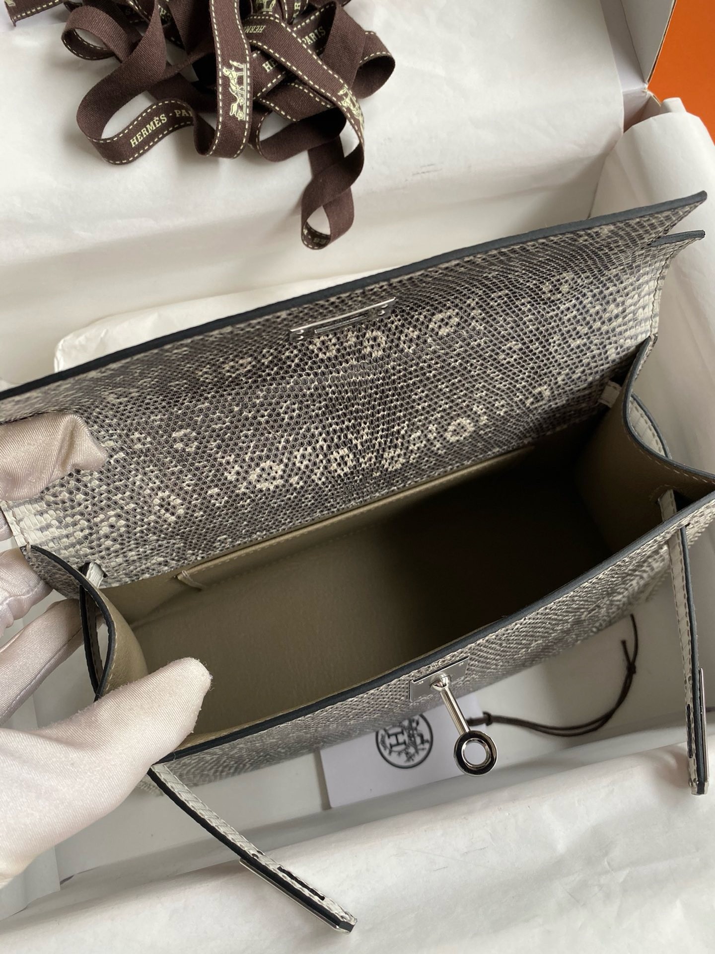 H**mes kelly pochette handmade bag in natural lizard skin