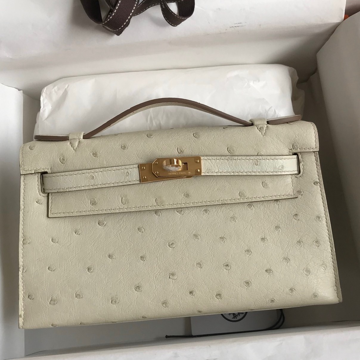 H**mes kelly pochette handmade bag in beton ostrich leather