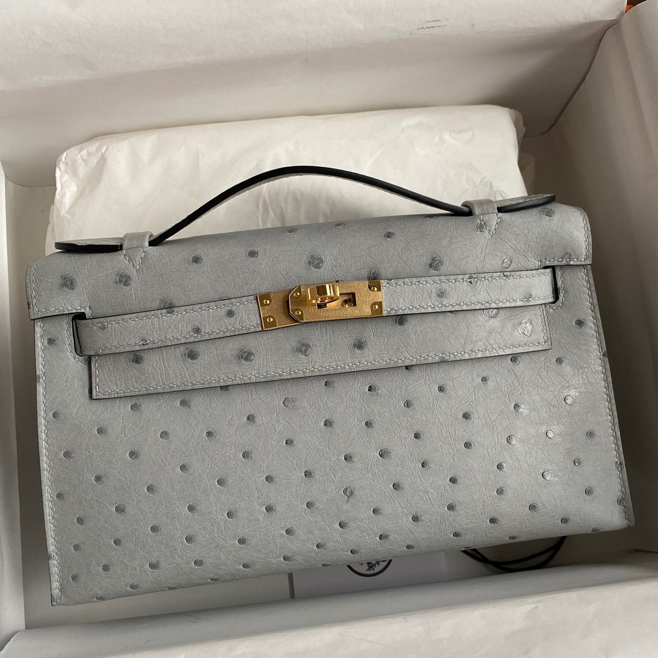 H**mes kelly pochette handmade bag in blue glacier ostrich leather