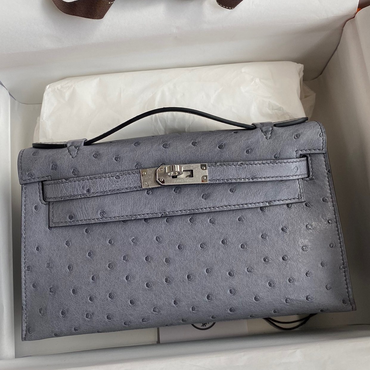 H**mes kelly pochette handmade bag in gris agate ostrich leather