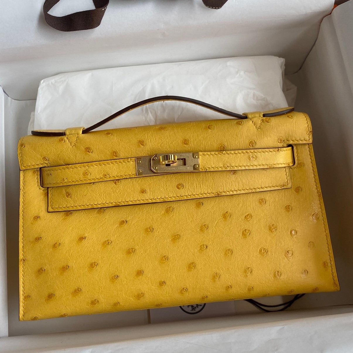H**mes kelly pochette handmade bag in jaune ambre ostrich leather