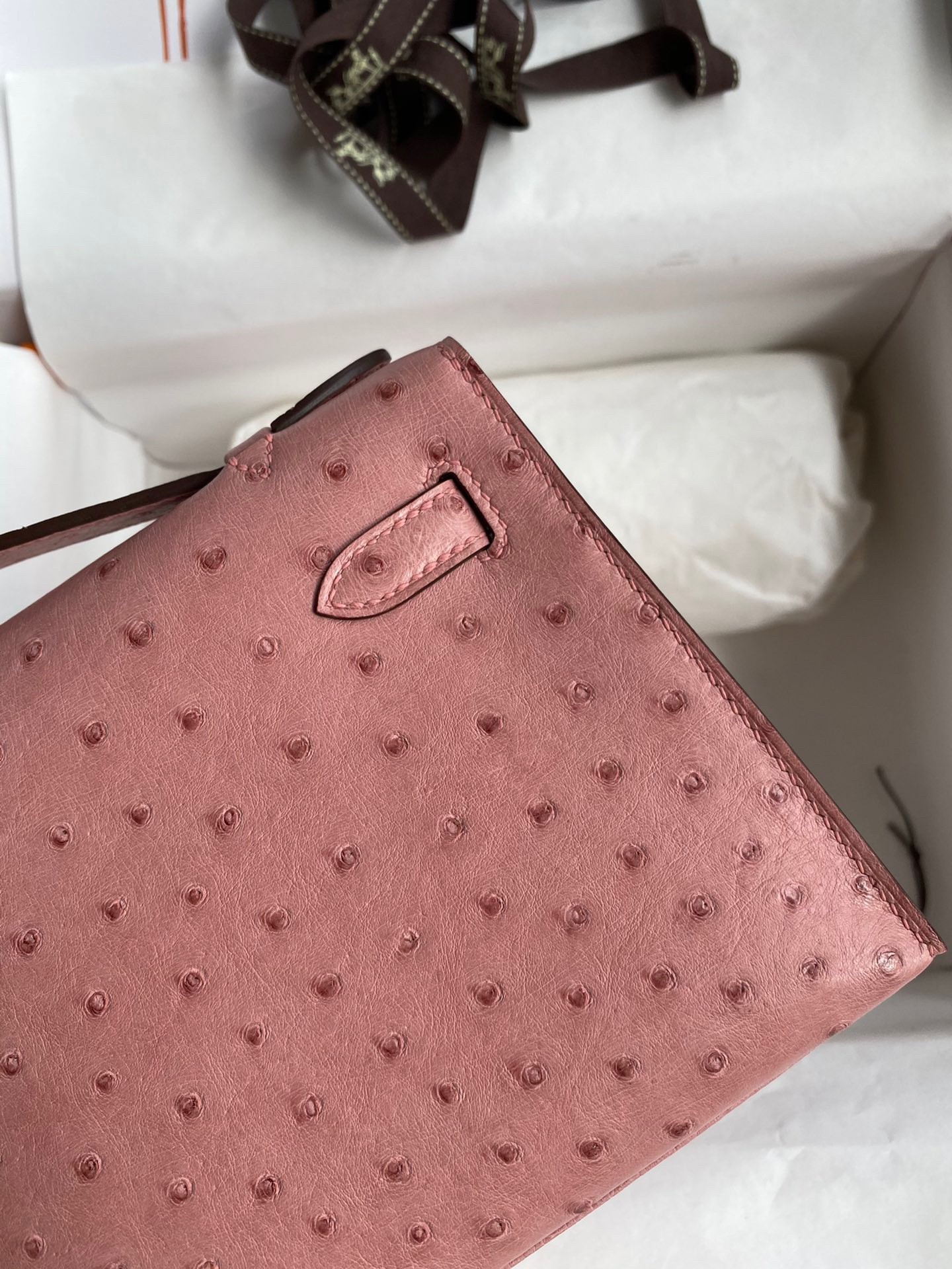 H**mes kelly pochette handmade bag in terre cuite ostrich leather
