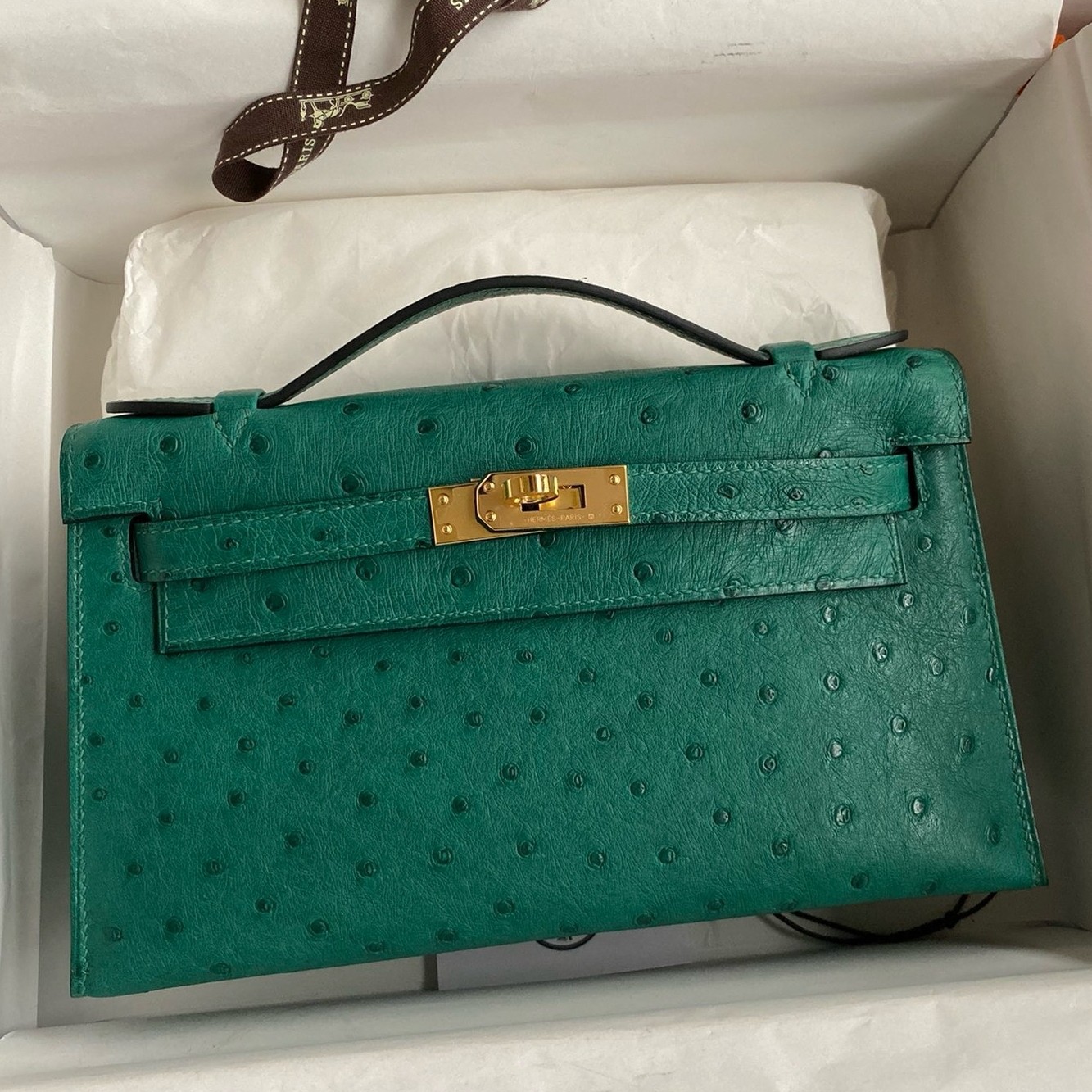 H**mes kelly pochette handmade bag in vert vertigo bordeaux ostrich leather