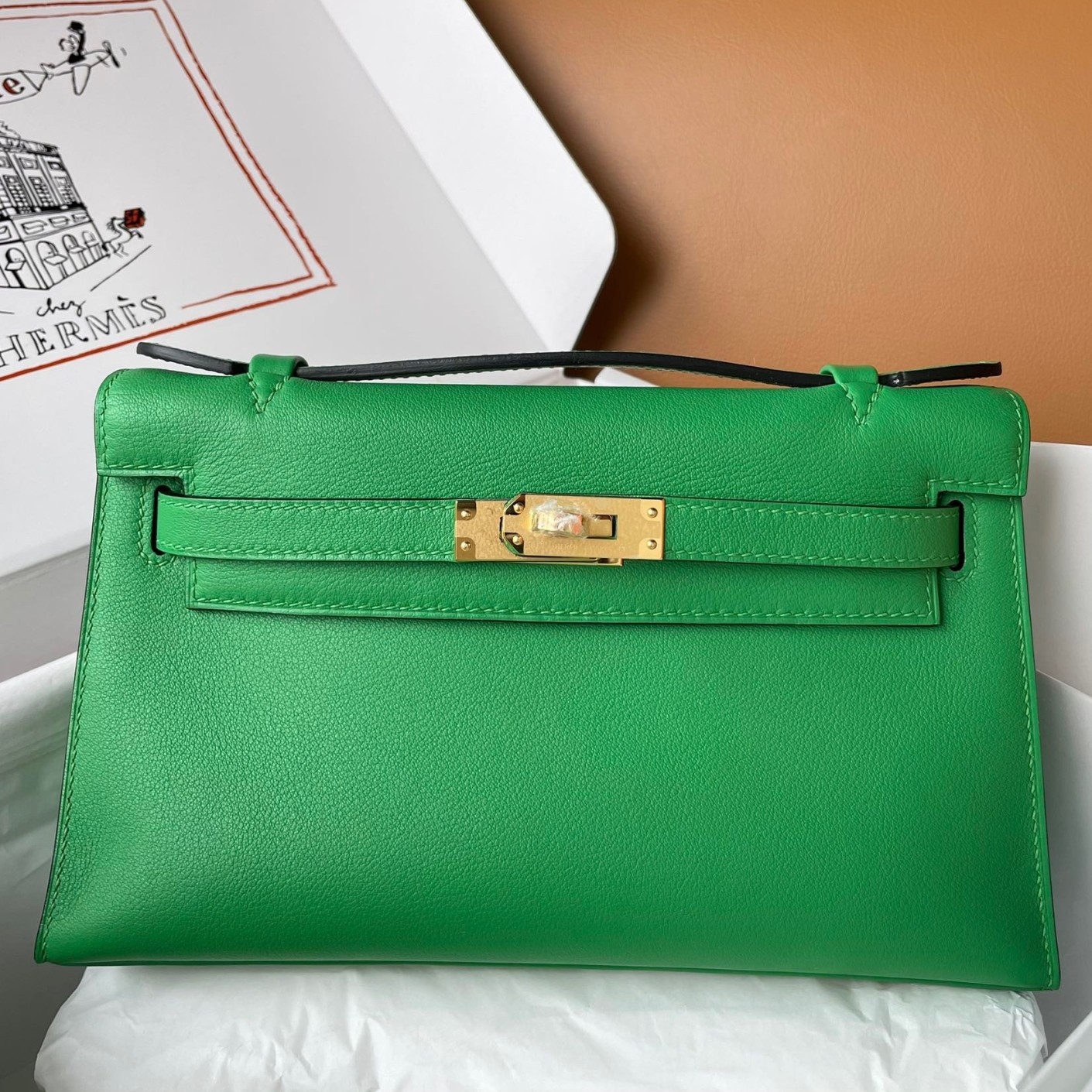 H**mes kelly pochette handmade bag in bamboo swift calfskin