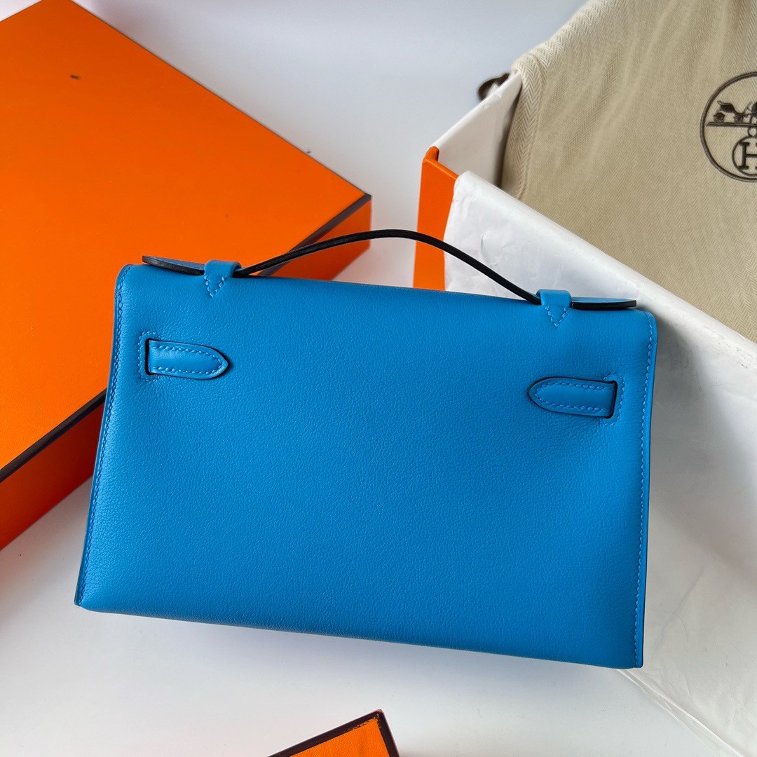 H**mes kelly pochette handmade bag in blue frida swift calfskin