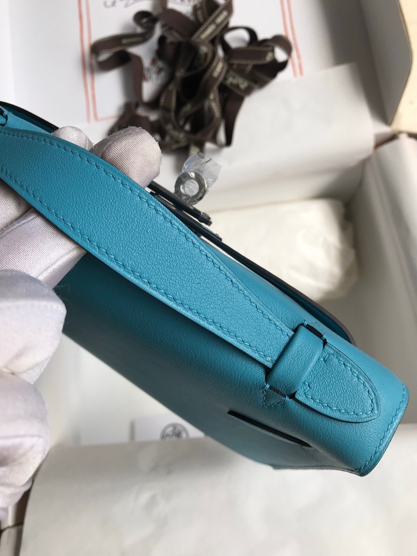 H**mes kelly pochette handmade bag in blue du nord swift calfskin