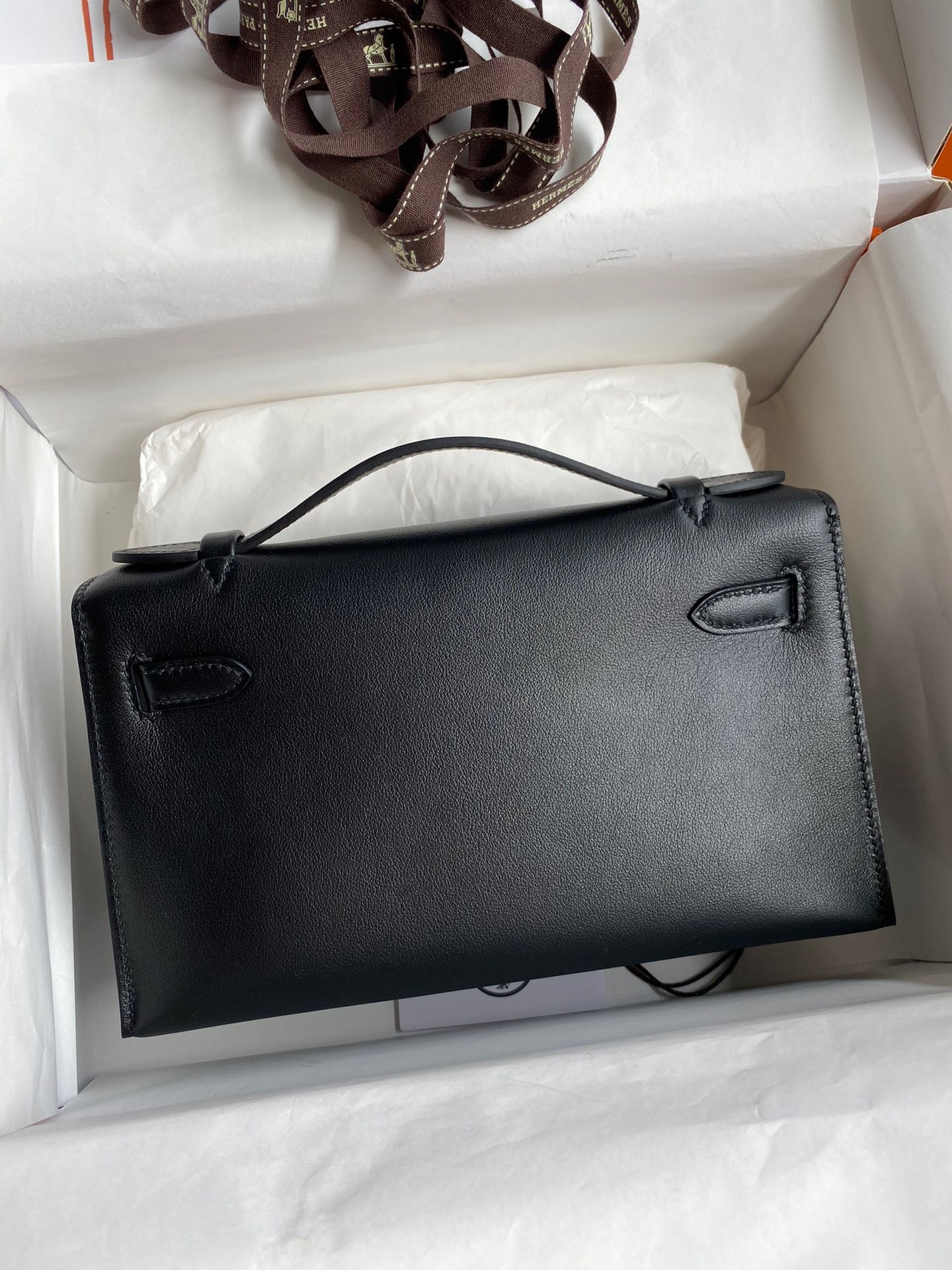 H**mes kelly pochette handmade bag in black swift calfskin
