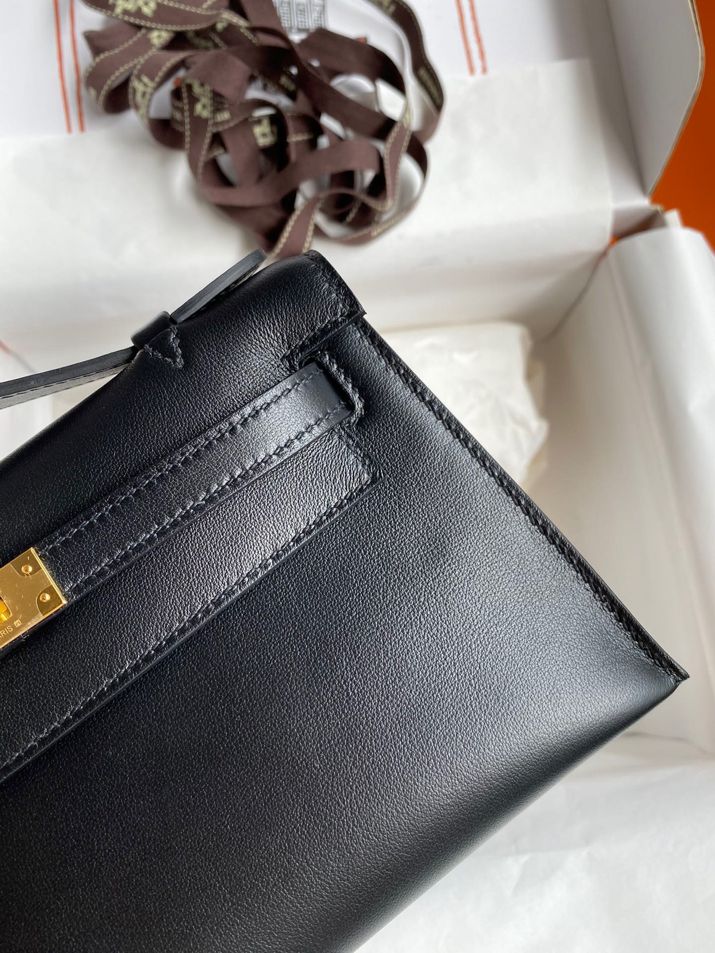 H**mes kelly pochette handmade bag in black swift calfskin