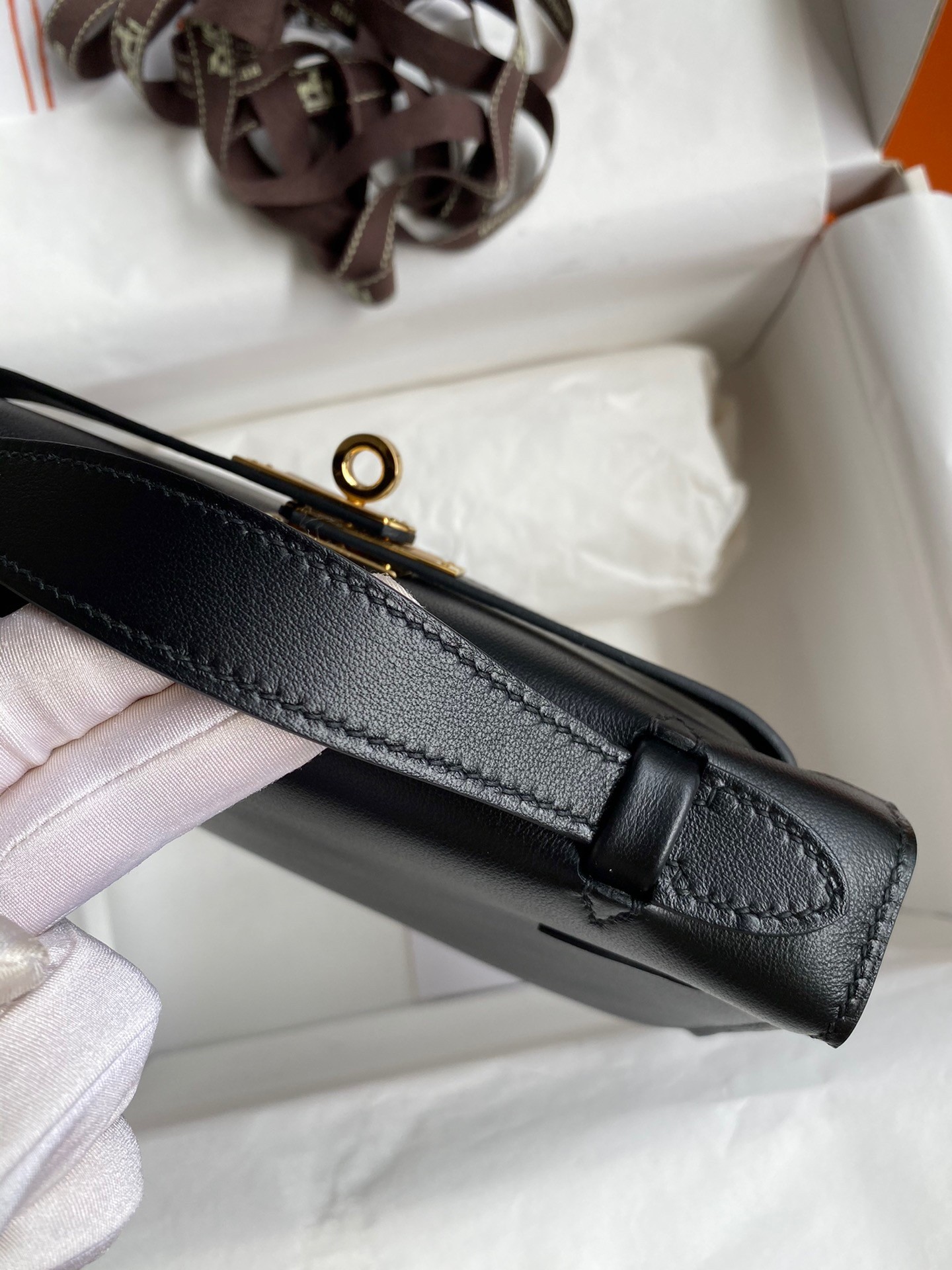 H**mes kelly pochette handmade bag in black swift calfskin