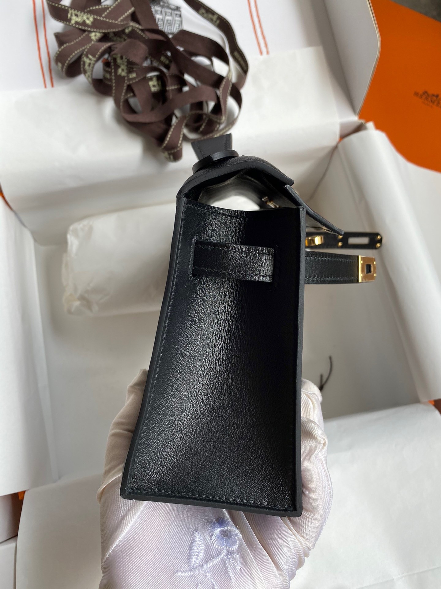 H**mes kelly pochette handmade bag in black swift calfskin