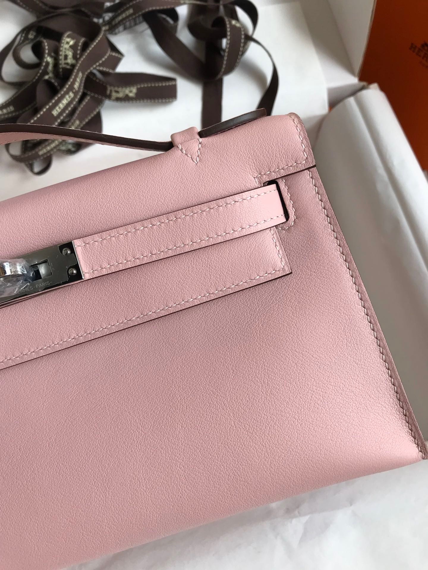 H**mes kelly pochette handmade bag in rose sakura swift calfskin