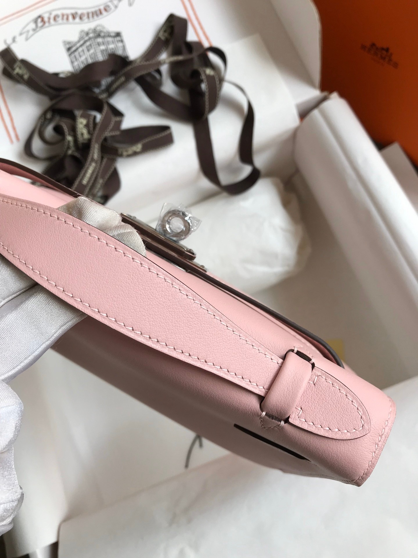 H**mes kelly pochette handmade bag in rose sakura swift calfskin