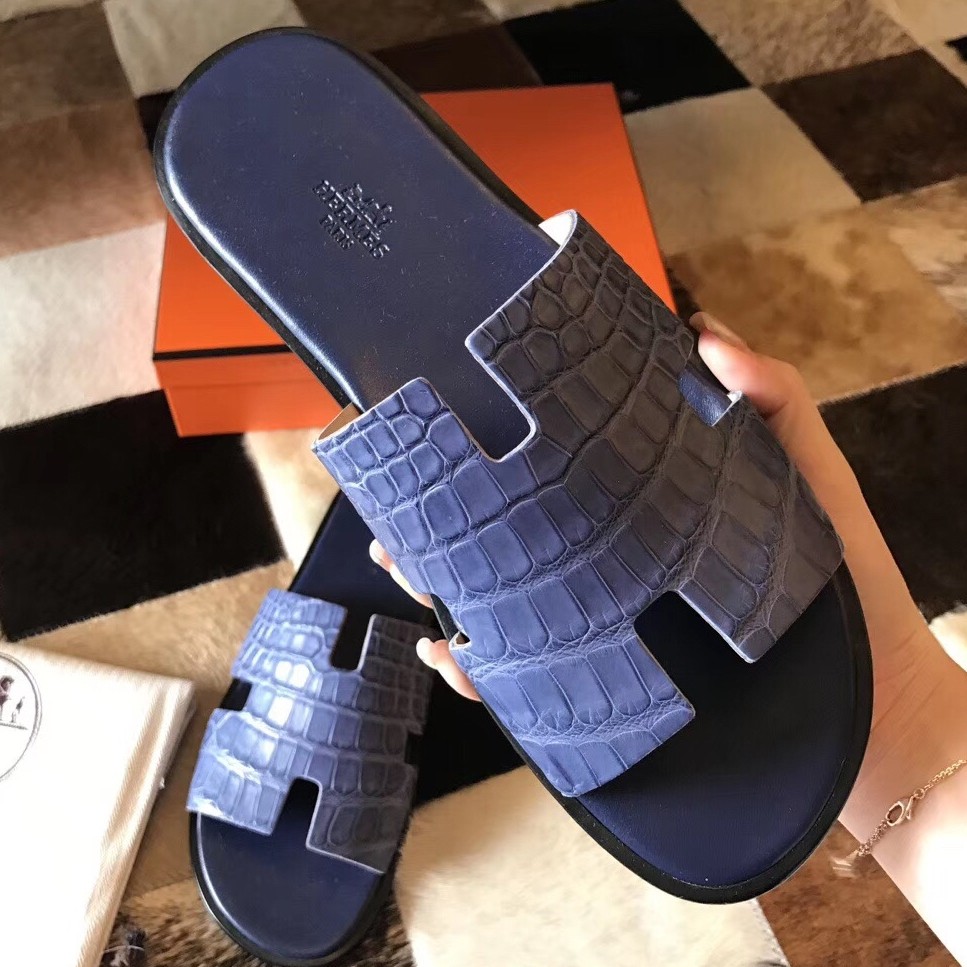 H**mes izmir sandals in blue matte niloticus crocodile