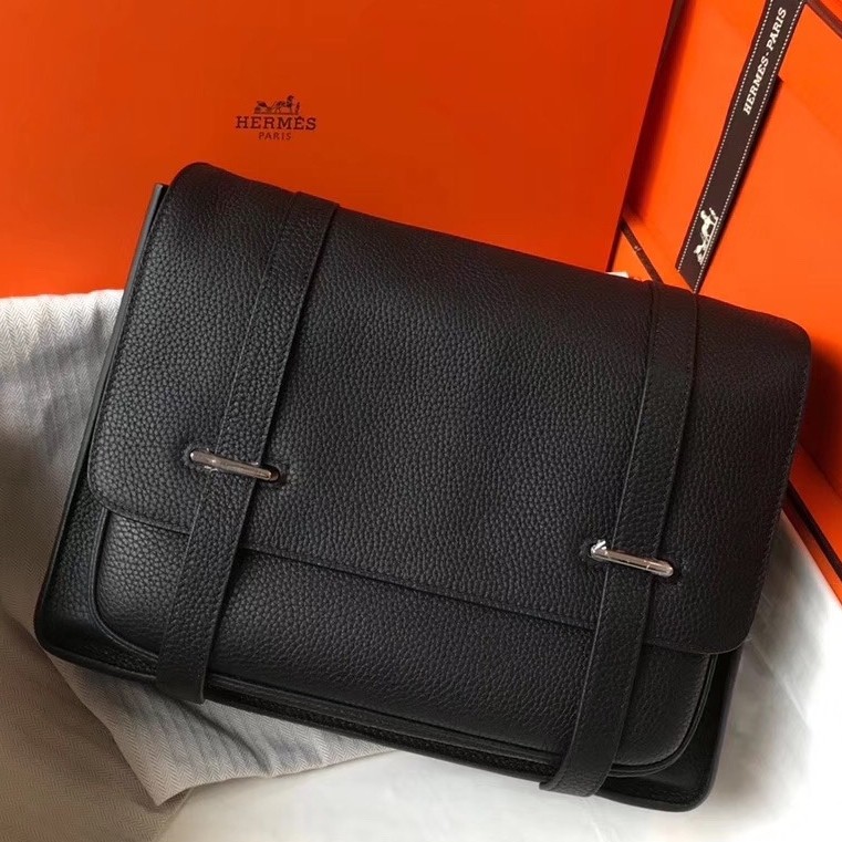 H**mes steve 35 messenger bag in black clemence calfskin