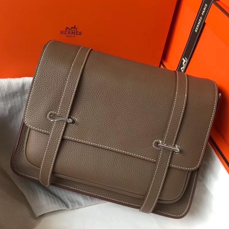 H**mes steve 35 messenger bag in taupe clemence calfskin