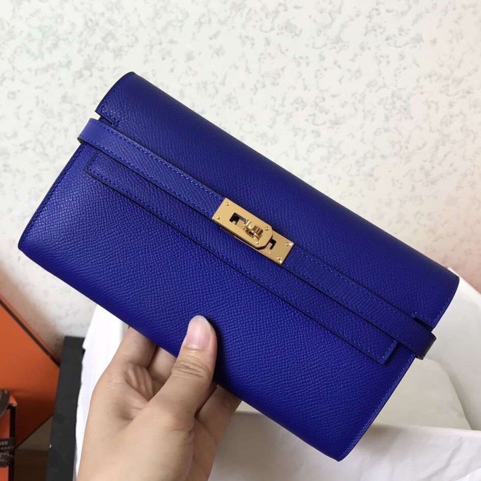 H**mes kelly classic long wallet in blue electric epsom leather