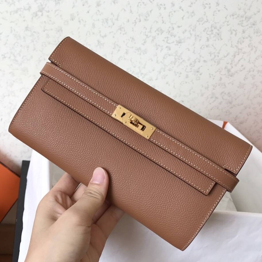 H**mes kelly classic long wallet in brown epsom leather