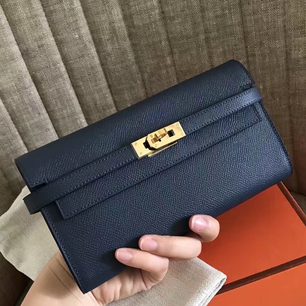 H**mes kelly classic long wallet in navy epsom leather